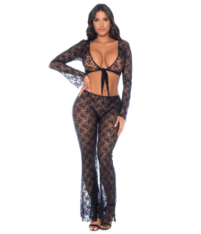 Top et pantalon en dentelle florale noire - MAL1915BLK